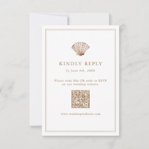 Simple Tan Seashell Beach Wedding QR Code RSVP Card