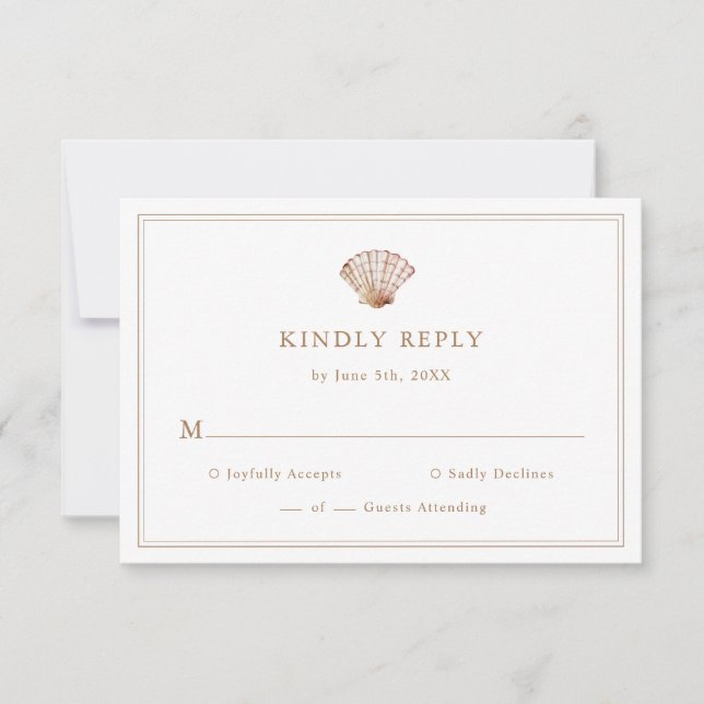 Simple Tan Seashell Beach Wedding RSVP Card (Front)