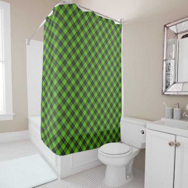 Simple tartan diagonal pattern in dark green shower curtain (In Situ)
