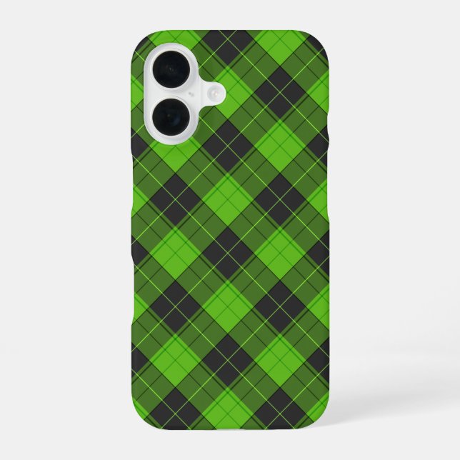 Simple tartan pattern in dark green diagonal iPhone 16 case (Back)