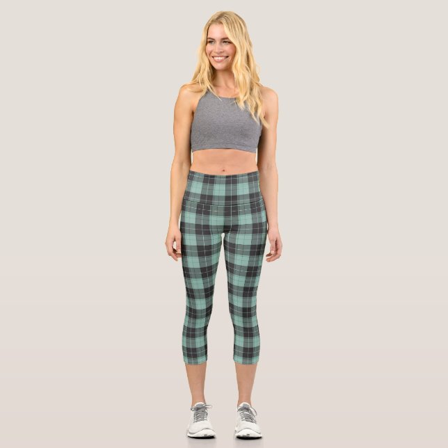 Simple tartan pattern in turquoise capri leggings (Front)