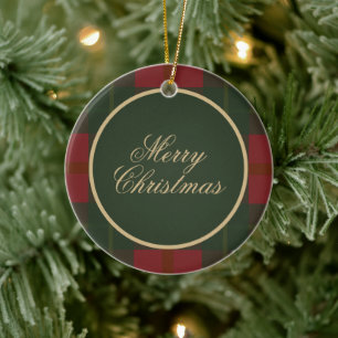 Simple Tartan Plaid Merry Christmas Ceramic Tree Decoration