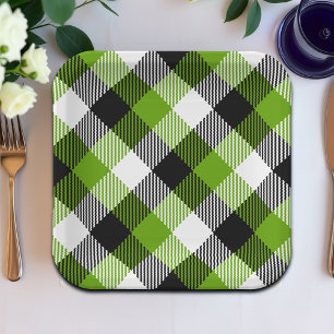 Simple Tartan Plaids Neon Green Paper Plate