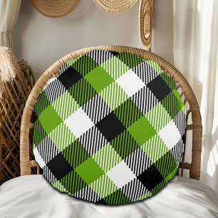 Simple Tartan Plaids Neon Green Round Cushion