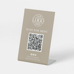 Simple Taupe Business Logo Contactles QR Code Menu Pedestal Sign
