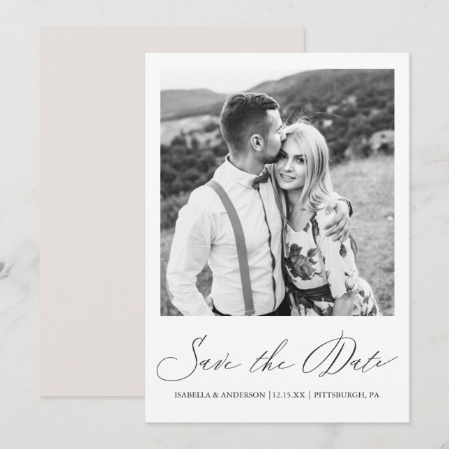 Simple Taupe Calligraphy Photo Wedding Save The Date (Front/Back)