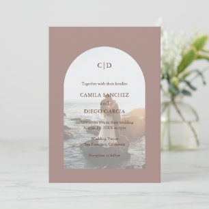 Simple Taupe Photo Boho Arch Modern Wedding Invitation