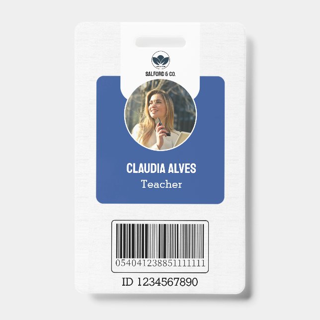 Simple Teacher ID Card | Blue Collage School ID  Badge (Front)