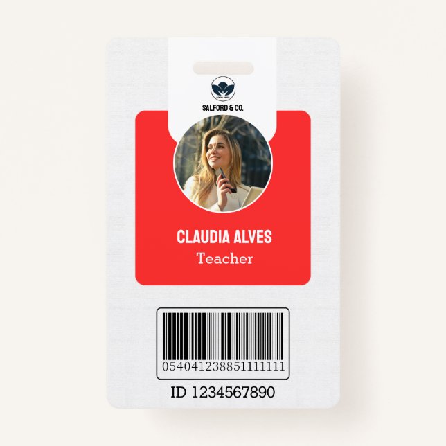 Simple Teacher ID Card | Red Collage School ID  ID Badge (Front)