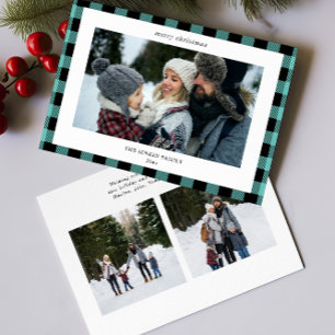 Simple Teal Black Plaid Border 3 Photo Christmas Holiday Card
