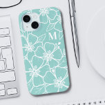 Simple Teal Blue Floral Initial Monogram iPhone 15 Case<br><div class="desc">Simple Teal Blue Floral Initial Monogram iPhone 15 Case. A fun but elegant phone case with girly teal and white flower outlines. A playful flower pattern frames a chic serif font simple initial monogram. The fun part is you can change out ALL of the colours!! You can not only change...</div>