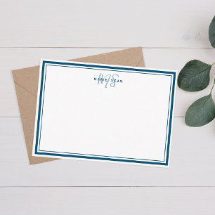 Simple Teal Blue Minimalist Monogram Two Border Card