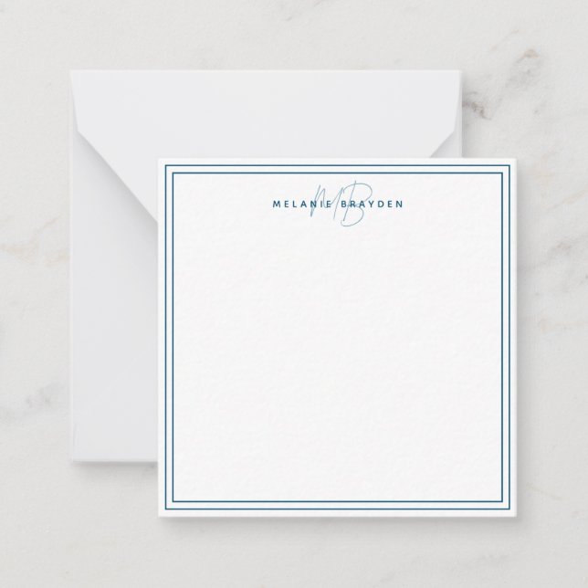 Simple Teal Blue Minimalist Monogram Two Border Card (Front)