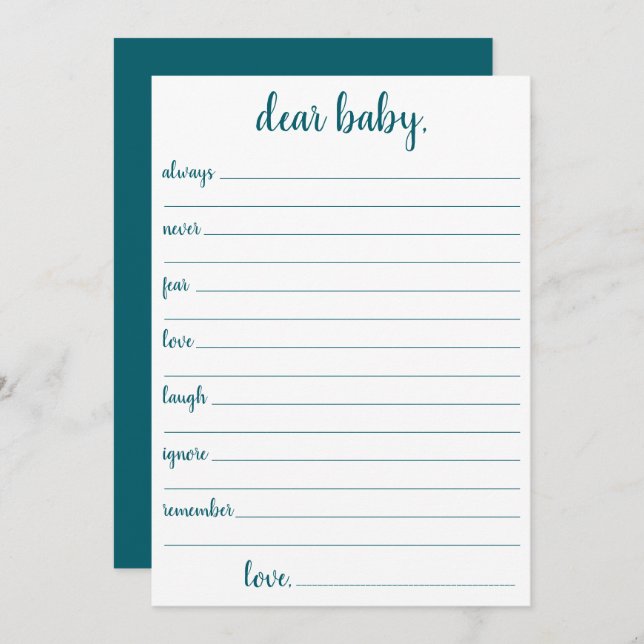 Simple Teal Dear Baby | Blue-Green Keepsake Card (Front/Back)