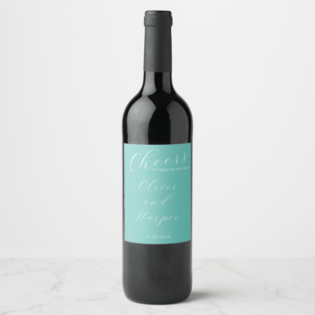 Simple Teal Elegant Script Wedding Wine Label (Front)
