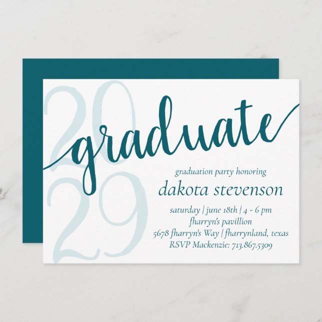 Simple Teal Graduate | Dark Jade Green Script Year Invitation (Front/Back)