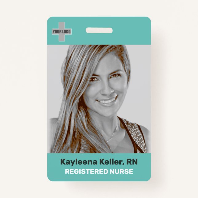 Simple Teal Green Large Photo Logo Code Template ID Badge (Front)