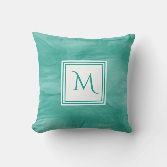 Simple Teal Green Subtle Marble Modern Monogram Cushion (Front)