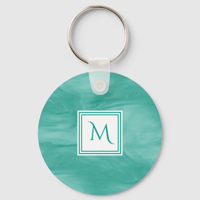 Simple Teal Green Subtle Marble Modern Monogram Key Ring (Front)