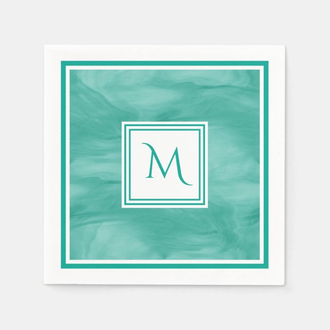 Simple Teal Green Subtle Marble Modern Monogram Napkin (Front)