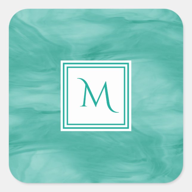 Simple Teal Green Subtle Marble Modern Monogram Square Sticker (Front)