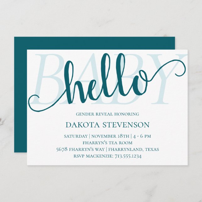 Simple Teal Hello Baby | Dark Blue-Green Flourish Invitation (Front/Back)