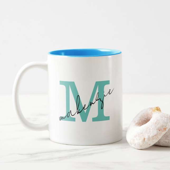 Simple Teal Monogram Minimalist Logo Add Here  Two-Tone Coffee Mug (With Donut)