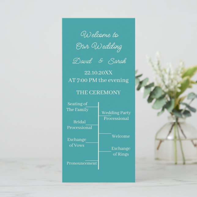 Simple Teal Personalised Wedding Program (Standing Front)