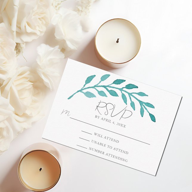 Simple Teal Watercolor Botanical Vine Wedding RSVP Enclosure Card (Creator Uploaded)