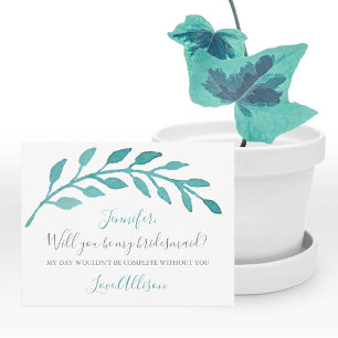 Simple Teal Watercolor Will You Be My Bridesmaid Invitation