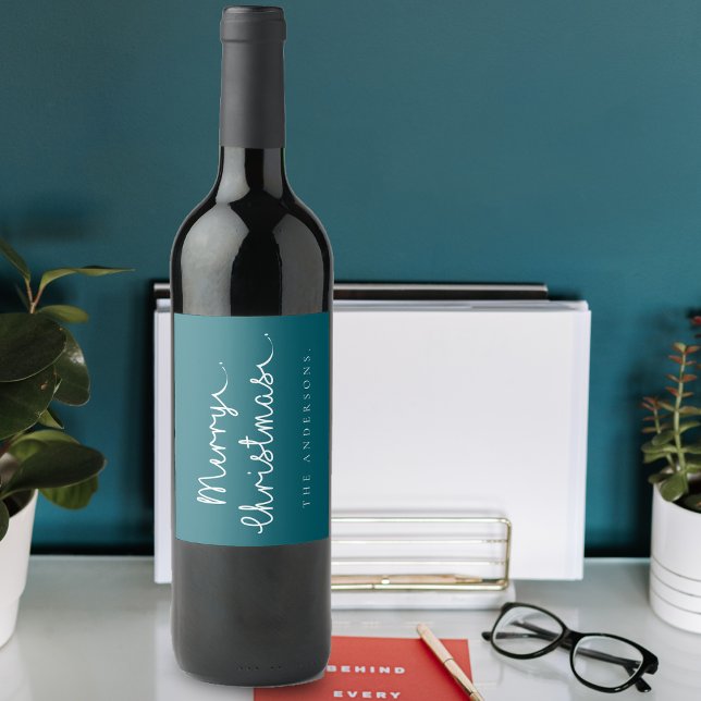 Simple Teal White Name Minimalist Merry Christmas Wine Label (Simple Teal White Name Minimalist Merry Christmas Wine Label)