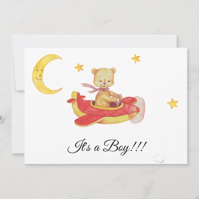 *~*  Simple Teddy Bear Red Plane Baby Boy Shower Invitation (Front)