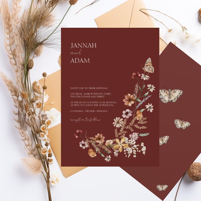 Simple Terracotta Autumn Fall Wildflowers Wedding Invitation (Creator Uploaded)