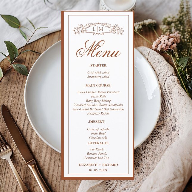Simple Terracotta botanical crest monogram wedding Menu (Creator Uploaded)