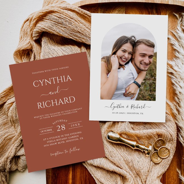 Simple Terracotta Burnt Orange Photo Wedding Invitation (Creator Uploaded)