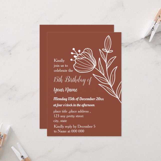 Simple terracotta floral birthday invitation (Front/Back In Situ)