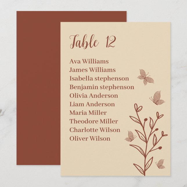Simple terracotta floral seating chart card (Front/Back)