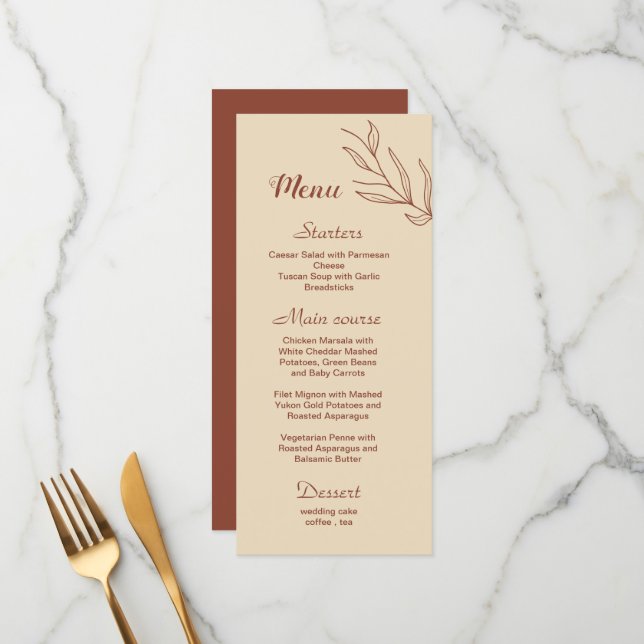 Simple terracotta floral wedding menu (Front/Back In Situ)