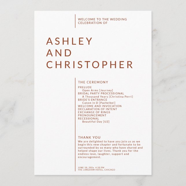 Simple Terracotta Isolated Names Wedding Ceremony Programme (Front)