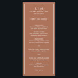 Simple Terracotta Monogram Elegant Wedding Menu<br><div class="desc">Simple terracotta wedding menu featuring a modern yet elegant design with your two letter monogram along with your names and date surrounded by a thin border. All text is in white over a burnt orange / rust background. The fonts and background colours may be changed to any colours you wish...</div>