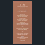Simple Terracotta Monogram Elegant Wedding Menu<br><div class="desc">Simple terracotta wedding menu featuring a modern yet elegant design with your two letter monogram along with your names and date surrounded by a thin border. All text is in white over a burnt orange / rust background. The fonts and background colours may be changed to any colours you wish...</div>