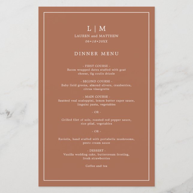 Simple Terracotta Monogram Elegant Wedding Menu (Front)