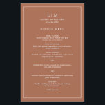 Simple Terracotta Monogram Elegant Wedding Menu<br><div class="desc">Simple terracotta wedding menu featuring a modern yet elegant design with your two letter monogram along with your names and date surrounded by a thin border. All text is in white over a burnt orange / rust background. The fonts and background colours may be changed to any colours you wish...</div>