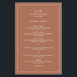 Simple Terracotta Monogram Elegant Wedding Menu<br><div class="desc">Simple terracotta wedding menu featuring a modern yet elegant design with your two letter monogram along with your names and date surrounded by a thin border. All text is in white over a burnt orange / rust background. The fonts and background colours may be changed to any colours you wish...</div>
