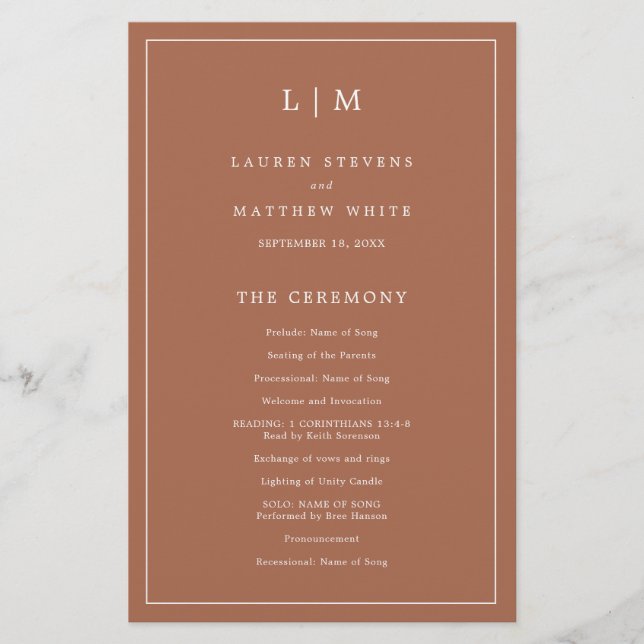 Simple Terracotta Monogram Elegant Wedding Program (Front)