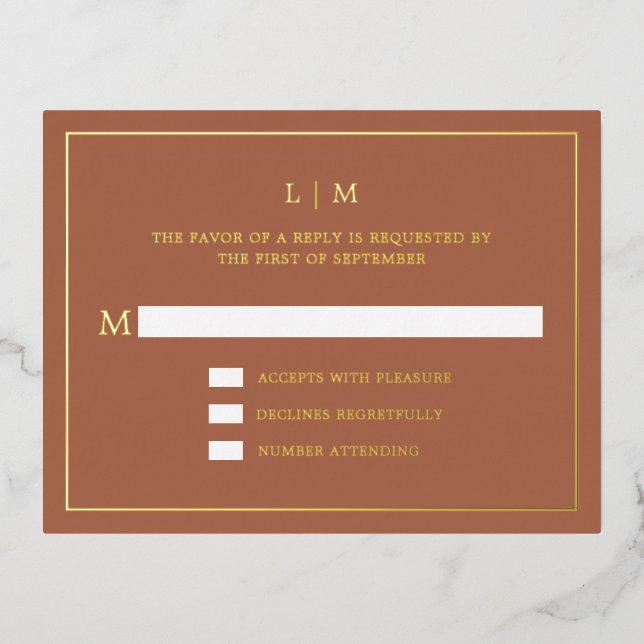Simple Terracotta Monogram Elegant Wedding RSVP Foil Invitation Postcard (Front)