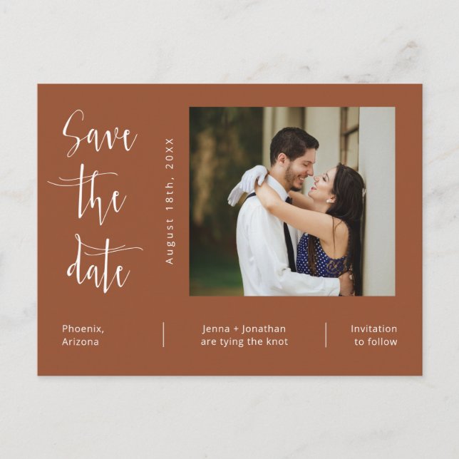 Simple Terracotta Photo QR Code Save The Date Postcard (Front)