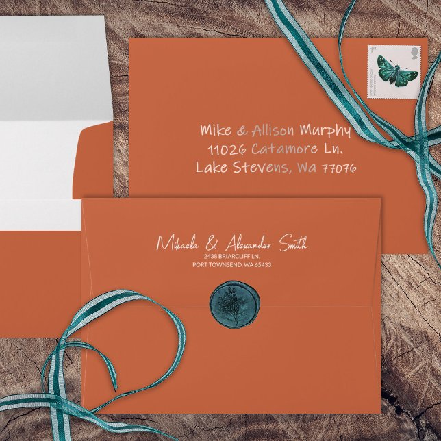 Simple Terracotta Pre-Addressed, 5x7 Wedding Envelope (Terracotta, clay, rust, burnt orange wedding invitation envelope address printed on back flap)