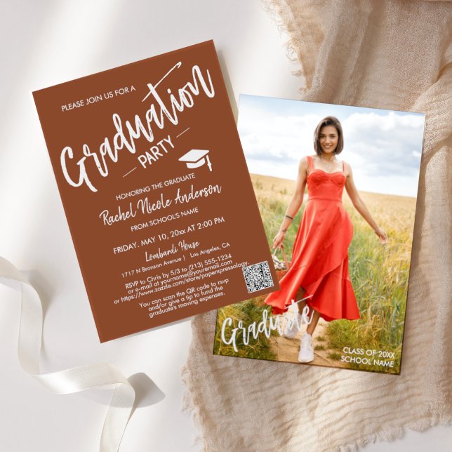 Simple Terracotta QR Code Photo Graduation Party Invitation (Creator Uploaded)