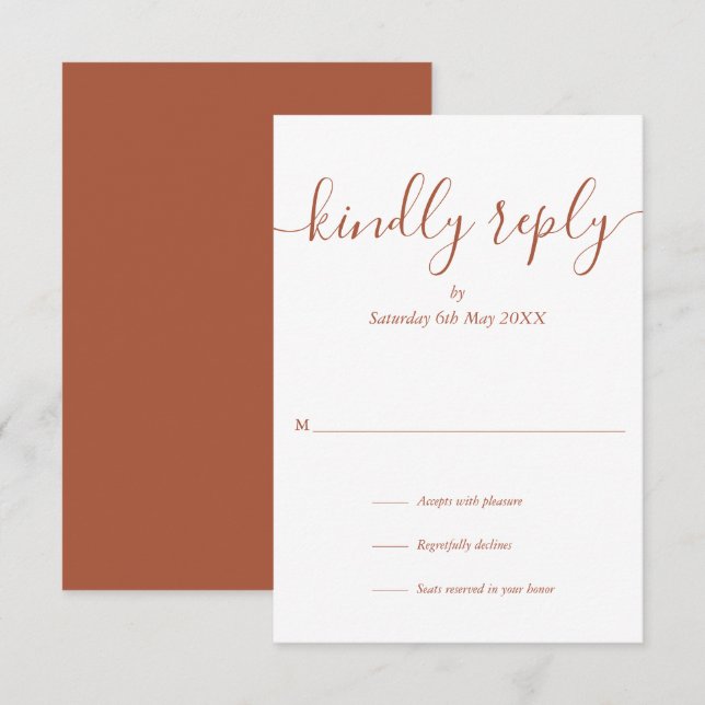 Simple Terracotta Script Wedding Kindly Reply RSVP Card (Front/Back)